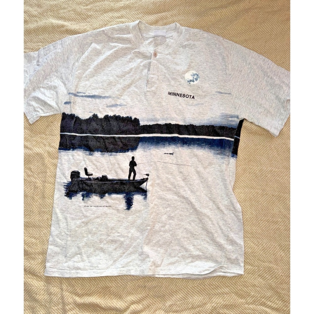 VTG HTF Minnesota Fishing Lake Scene Henley T Shirt XL Made USA Graphic Tee